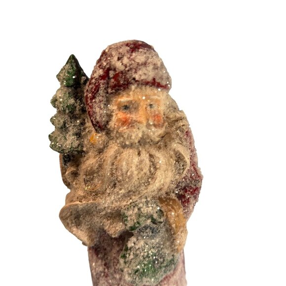 Vintage Santa Claus Figurine With Tree & Reindeer Glitter Finish 13" Tall Holida - Picture 3 of 8